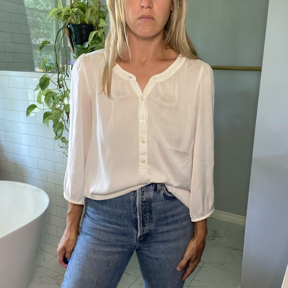 LOFT Puff Sleeve Blouse - White Three Quarter Sleeve